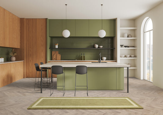 Albi Green runner in Kitchen setting in front of modern island unit.